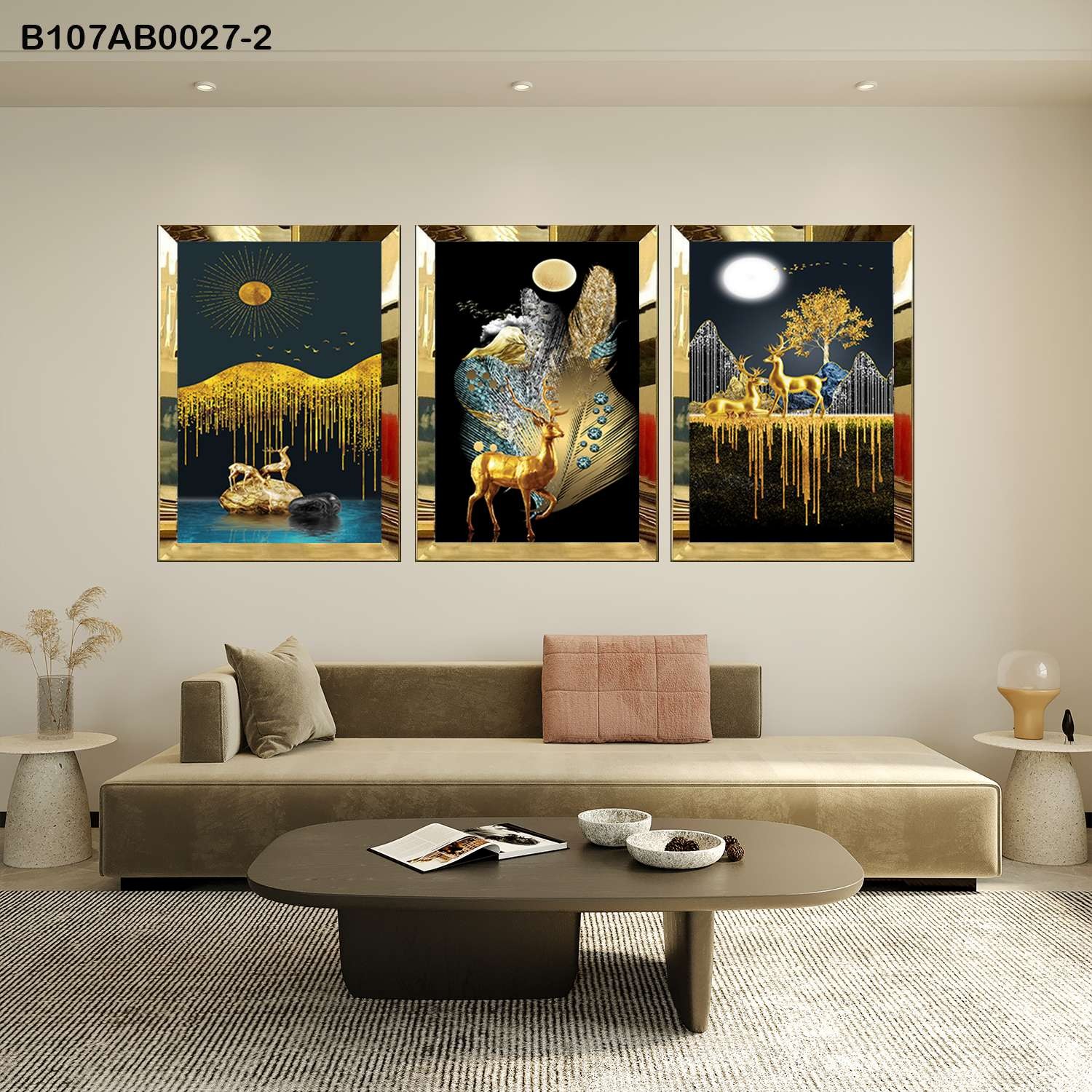 لوحات جدارية غزال ذهبي في الطبيعة إطار ذهبي