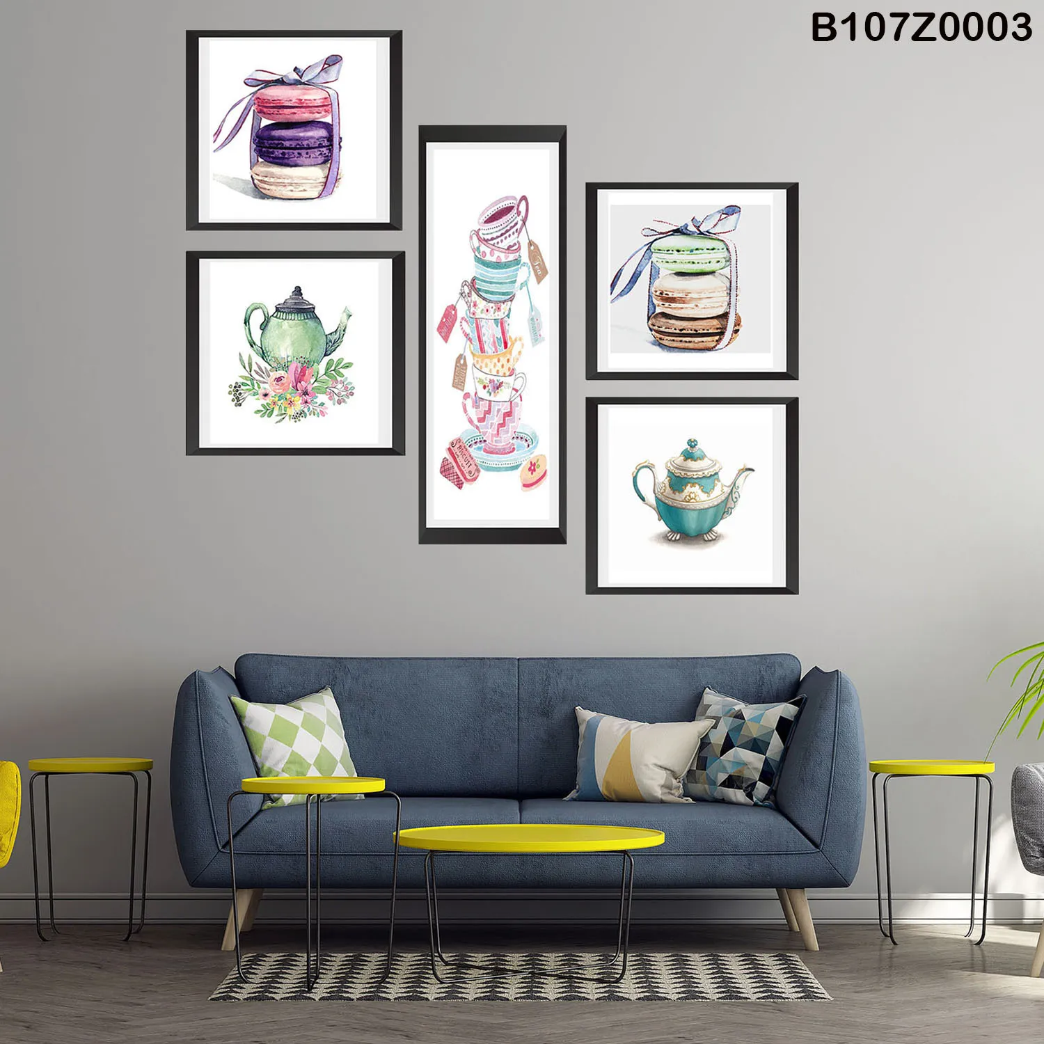 لوحة جدارية ماكرون وأكواب شاي بتصميم أنيق