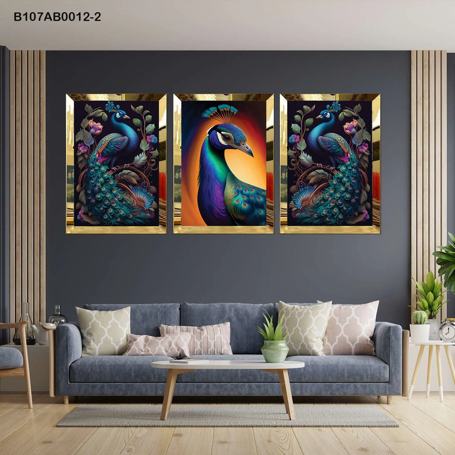 لوحات جدارية طيور الطاووس الملونة إطار ذهبي