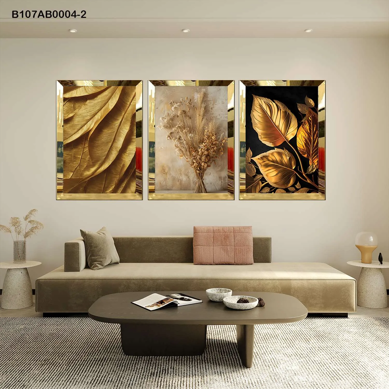 لوحات جدارية أوراق ذهبية ونباتات مجففة إطار ذهبي