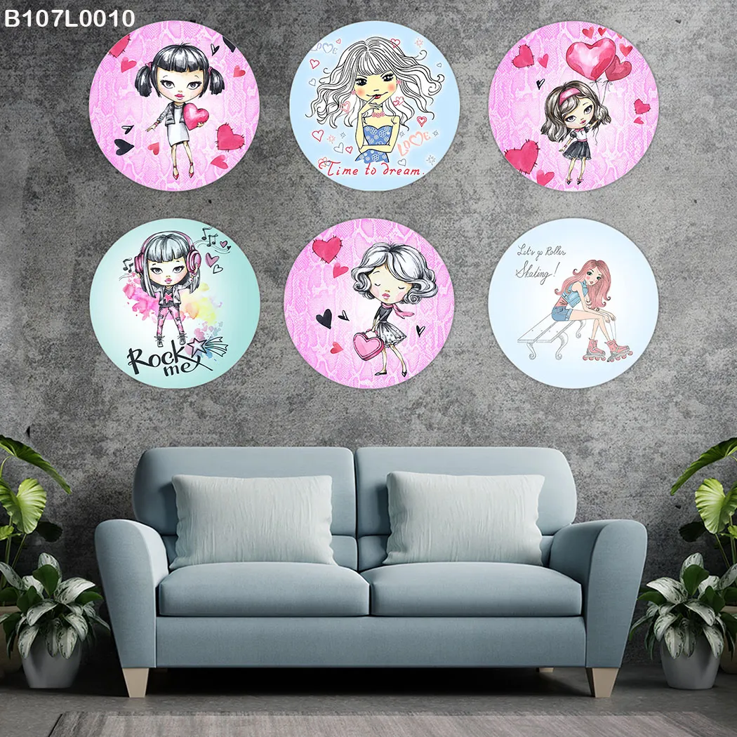 لوحة جدارية ست دوائر فتيات كرتونية رومانسية