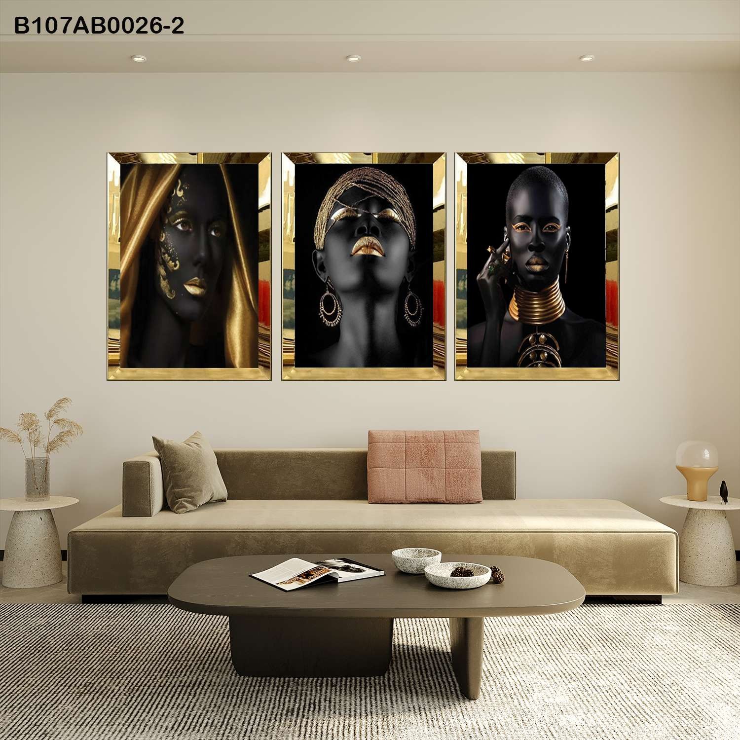 لوحات جدارية بورتريه نسائي أفريقي أنيق إطار ذهبي
