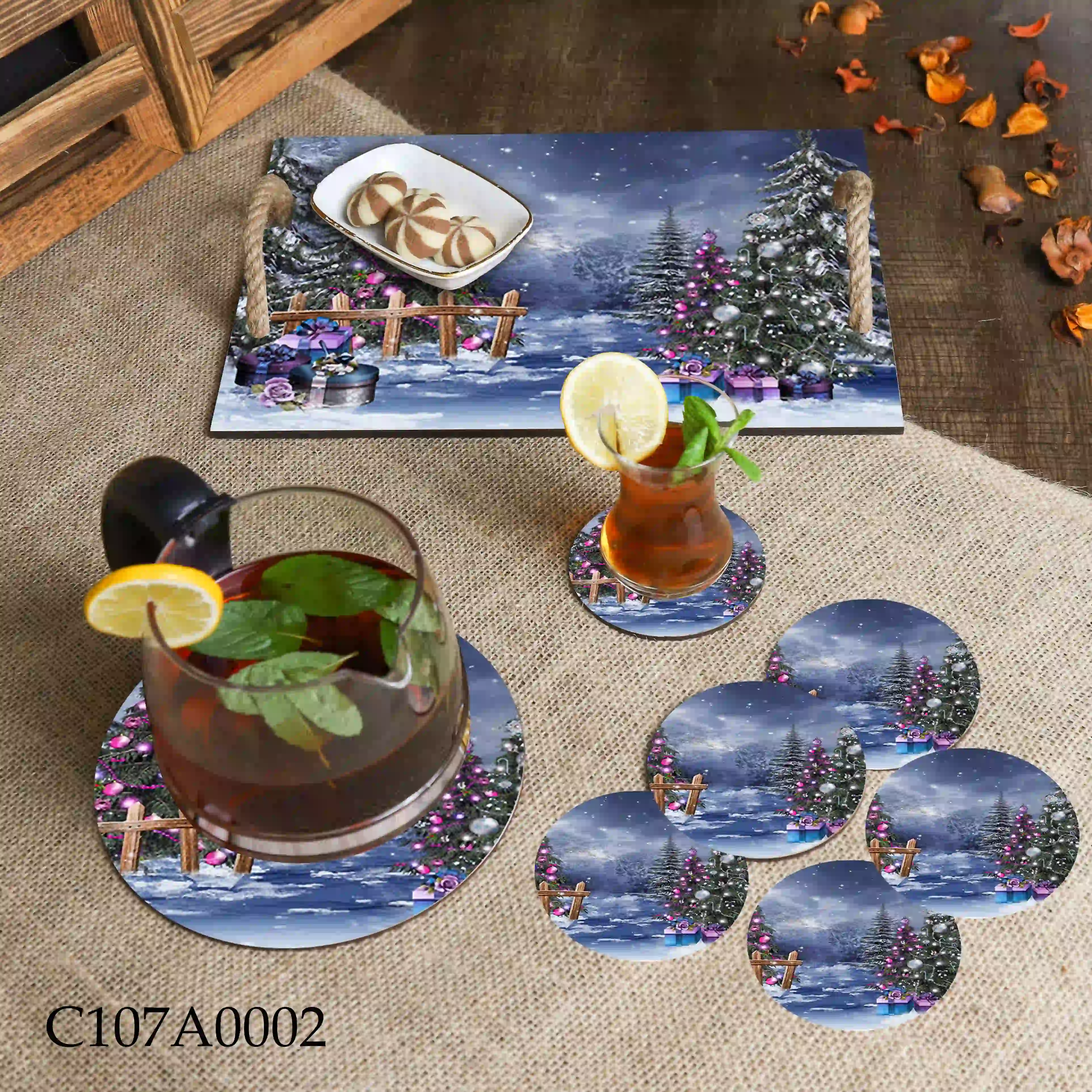 صينية مطبوعة منظر الثلج وأشجار الشتاء