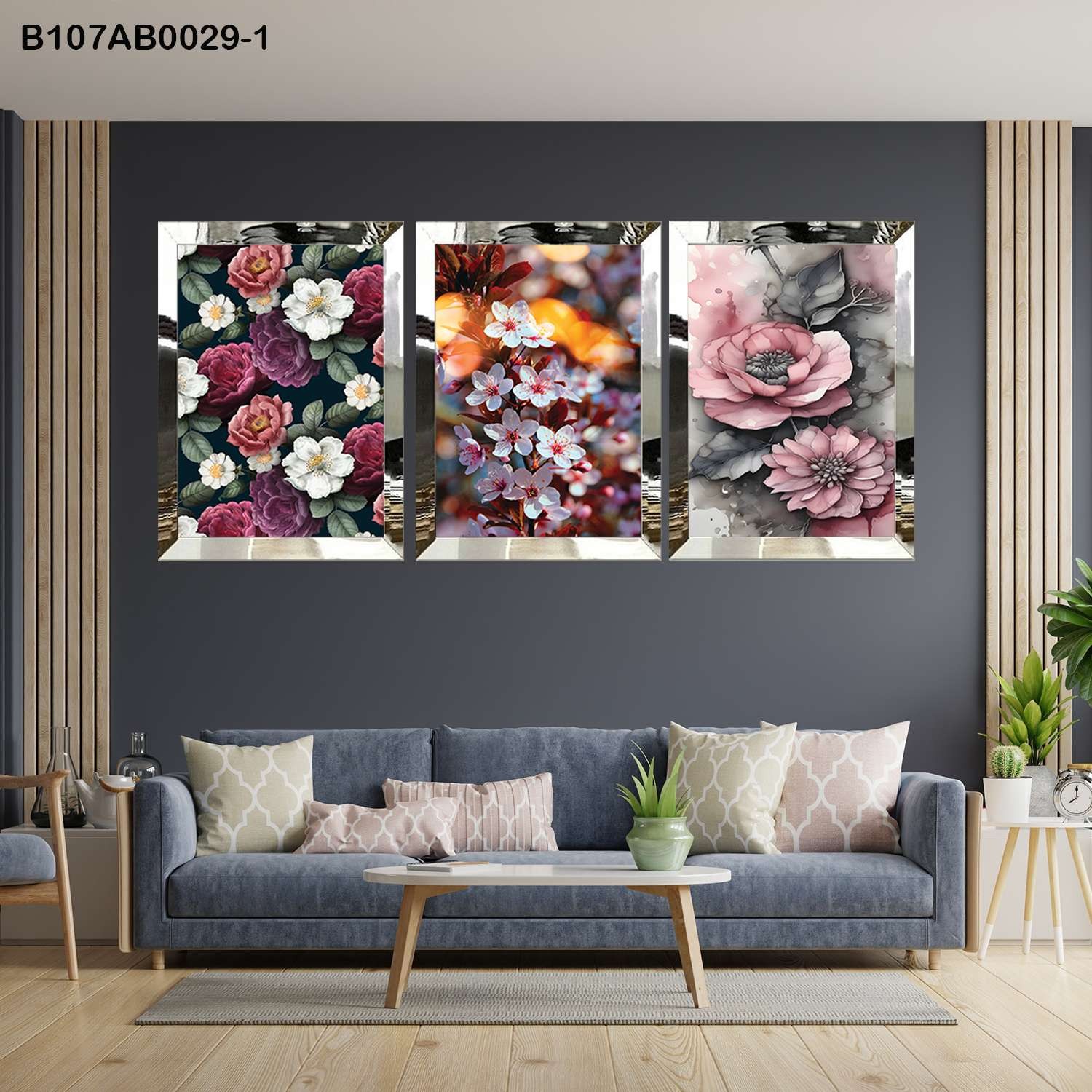 لوحات جدارية زهور ملونة بتصميم فني إطار فضي