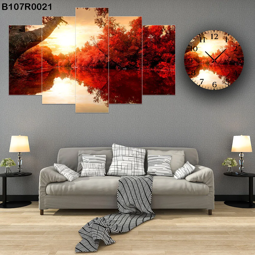 لوحة منظر خريفي مع بحيرة وانعكاس الأشجار