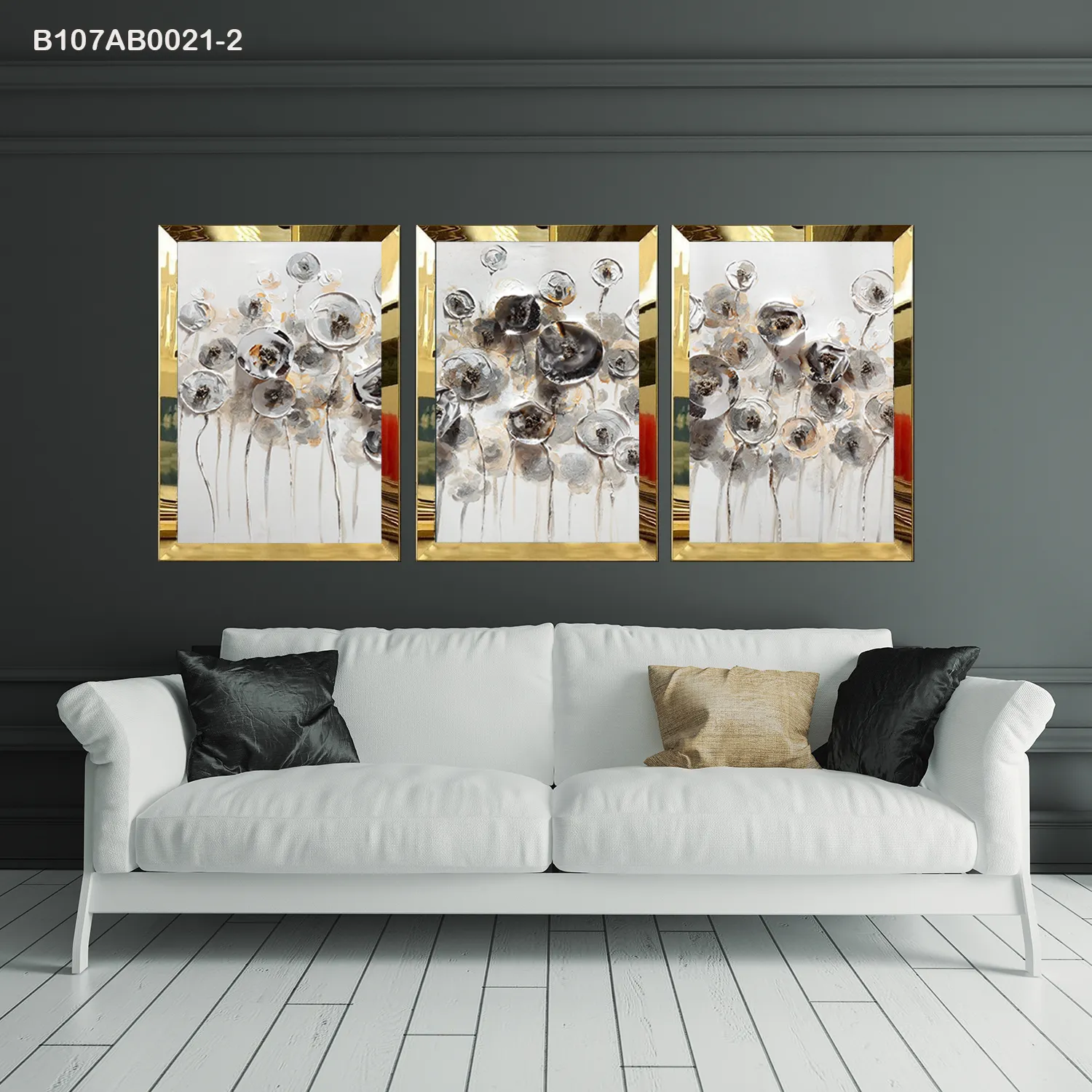 لوحات جدارية زهور تجريدية بتدرجات رمادية إطار ذهبي