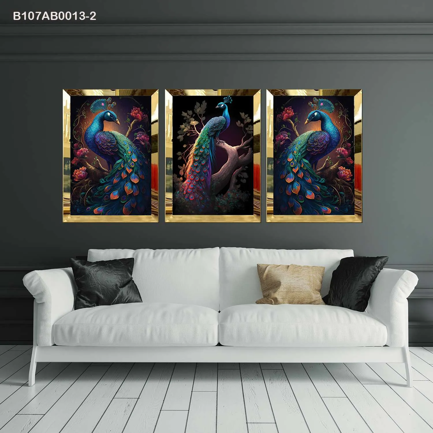 لوحات جدارية طيور الطاووس المزخرفة إطار ذهبي