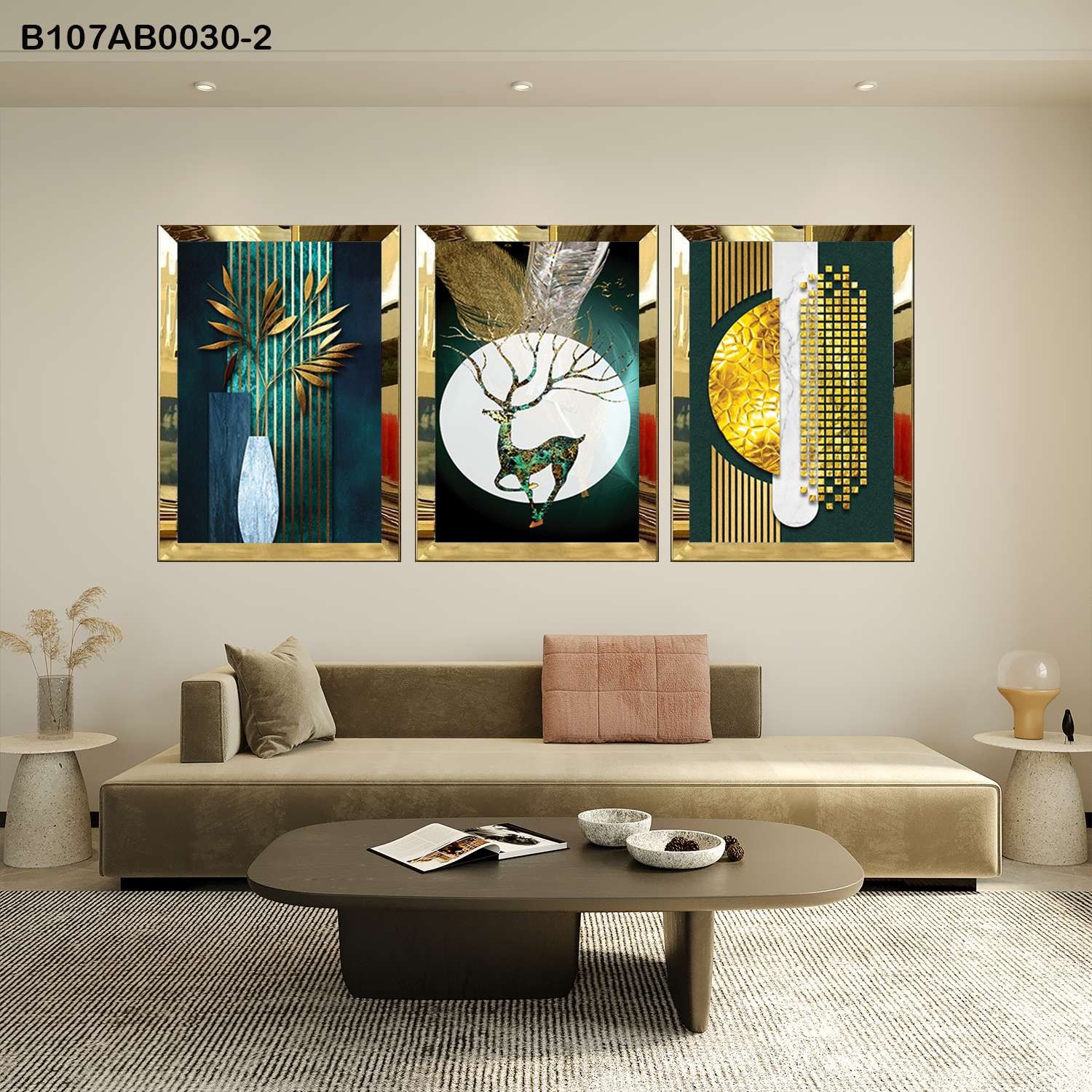 لوحات جدارية تجريدية خضراء بلمسات ذهبية إطار ذهبي