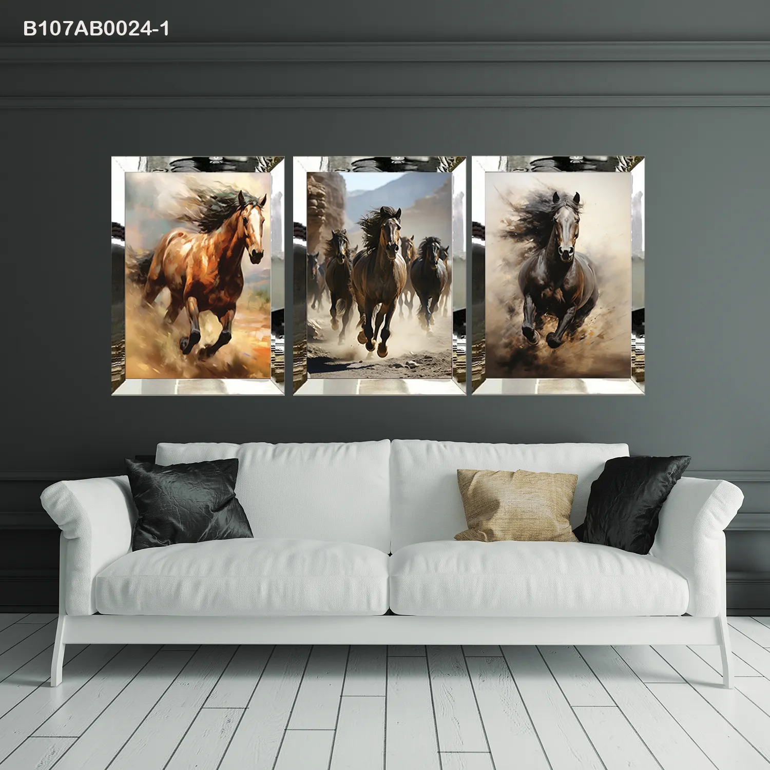 لوحات جدارية خيول عربية منطلقة إطار فضي