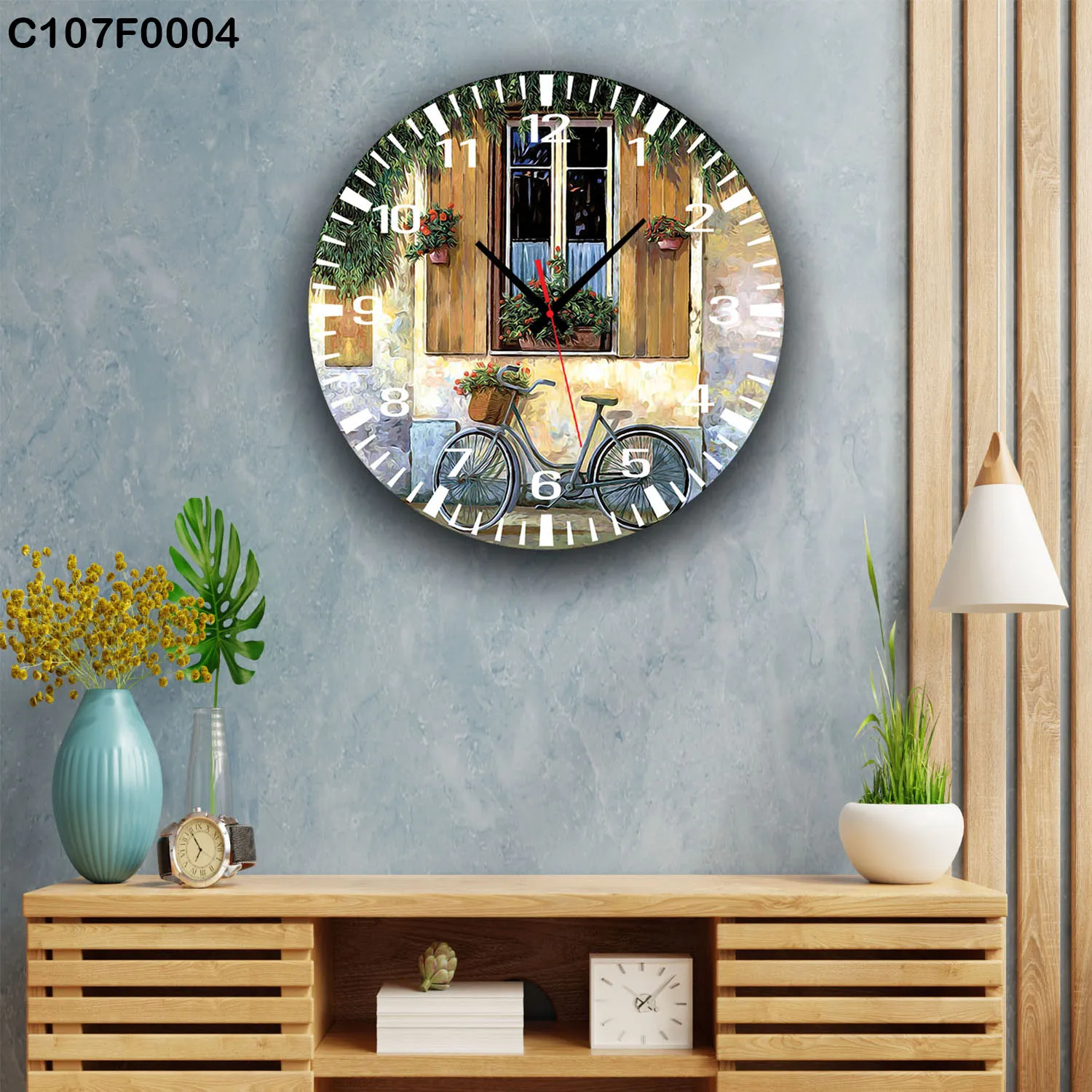 ساعة دائرية نافذة ريفية دراجة وزهور ملونة