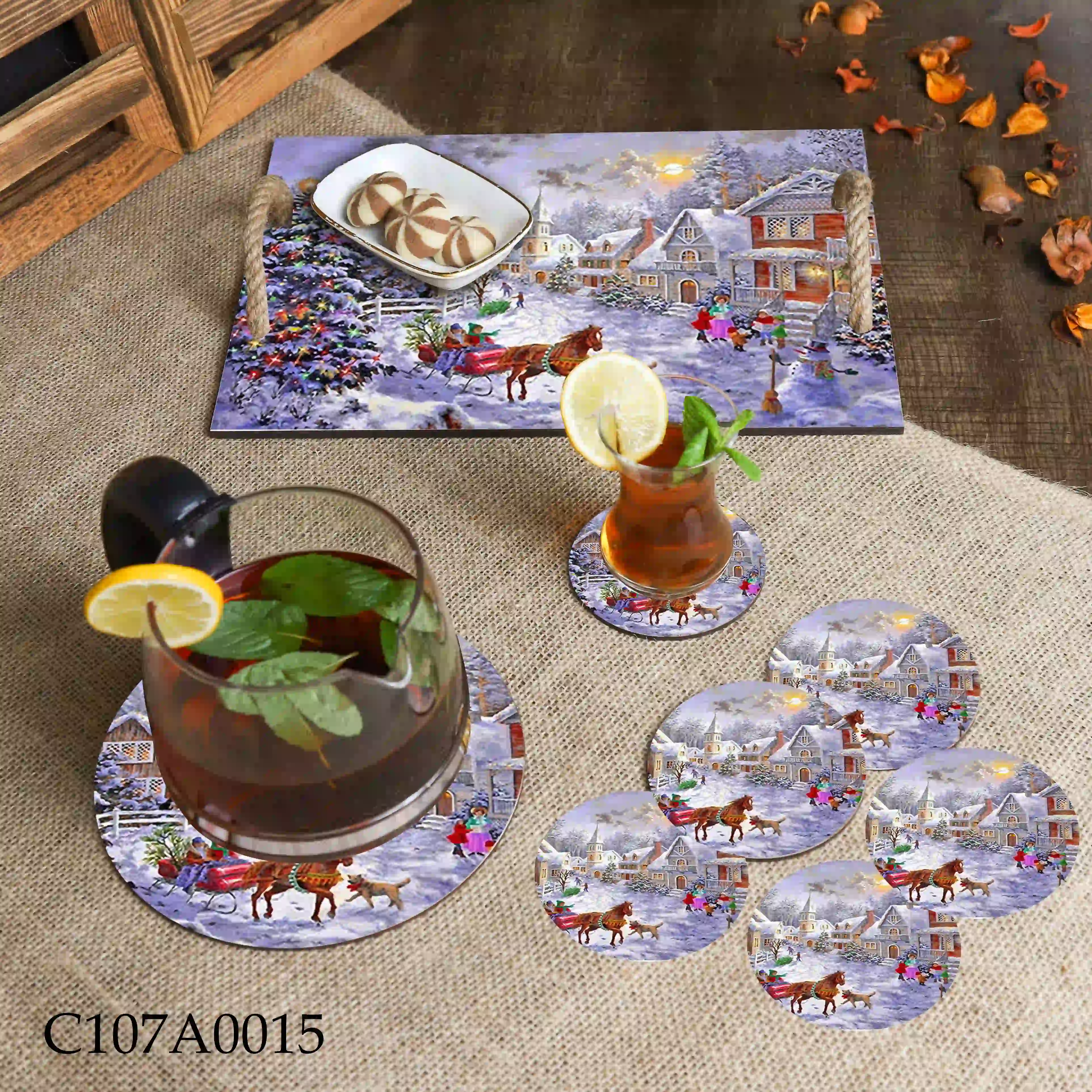 صينية مطبوعة قرية الشتاء وعربة الأحصنة