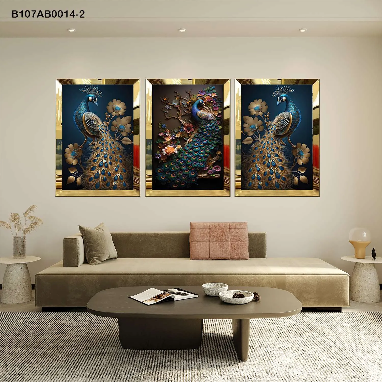 لوحات جدارية طاووس ذهبي مزخرف إطار ذهبي