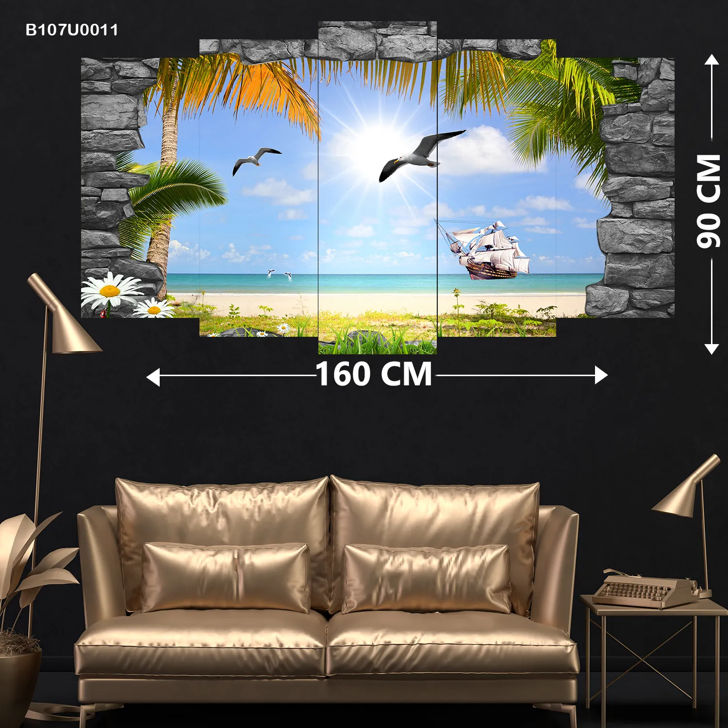 لوحة جدارية  للشاطئ وإطار حجري