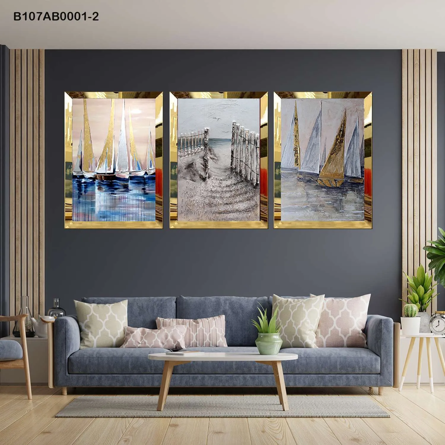 لوحات جدارية مراكب شراعية على البحر إطار ذهبي