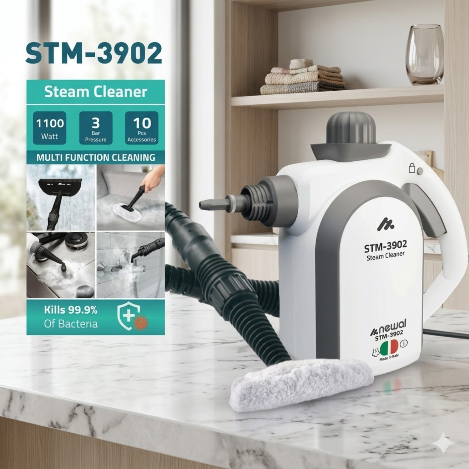 جهاز بخار متعدد الوظائف لتنظيف وتعقيم الأسطح STM-3902 – 1100 واط، 3 بار، صنع في إيطاليا – مع 10 قطع إضافية